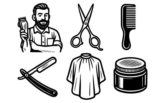 Vintage barber tools and accessories collection in monochrome style