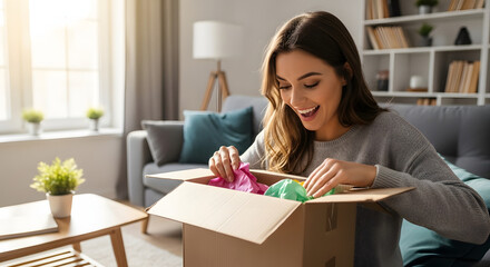 Naklejka premium Happy young woman opening a delivery box with colorful items in her cozy living room.