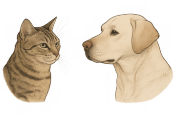 Cat and dog faces looking at each other representing friendship and companionship, transparent background