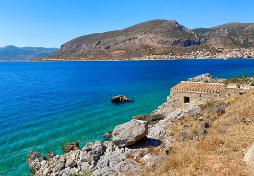 view of the sea from the tombolo leading to Monemvasia