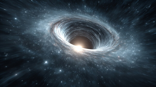 Outer space with a wormhole forming a light tunnel, black hole, and cosmic distortion, showing energy movement through galaxies and nebulae in a dynamic futuristic sci-fi universe visualization