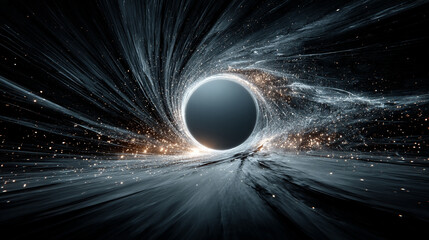 Outer space with a wormhole forming a light tunnel, black hole, and cosmic distortion, showing energy movement through galaxies and nebulae in a dynamic futuristic sci-fi universe visualization