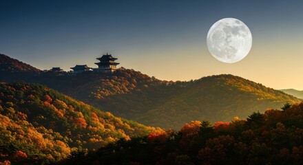 Autumnal tranquility: Temple atop the forested hills illuminated by the moon