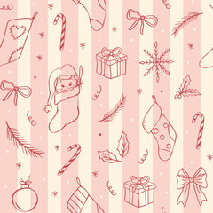 Vector seamless hand drawn Christmas pattern with different cute festive decorationsand pink lines on white background
