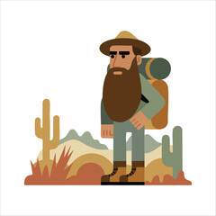 young man with backpack standing against mountain landscape vector art isolated on white background