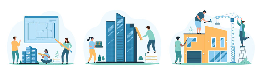 Build and home repair by architects and engineers set. Tiny people with professional tools and construction crane repairing house, drawing floor plan, improve building cartoon vector illustration