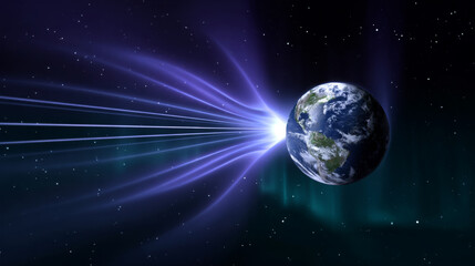 Fototapeta premium Earth surrounded by vibrant cosmic energy waves, illustrating the interaction between planet and solar winds, showcasing the beauty of space phenomena and their effects on the atmosphere