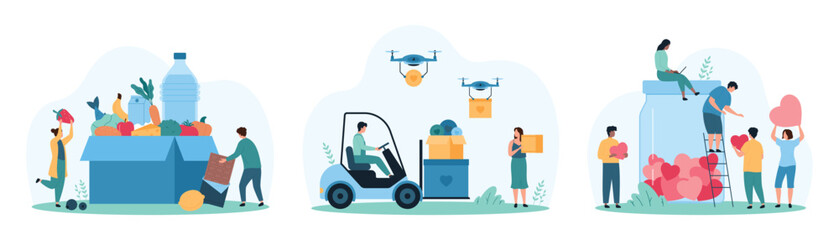 Charity social campaign, delivery of donations set. Tiny people on forklift and drones delivering boxes of hearts, give and donate red hearts of love gifts to glass jar cartoon vector illustration