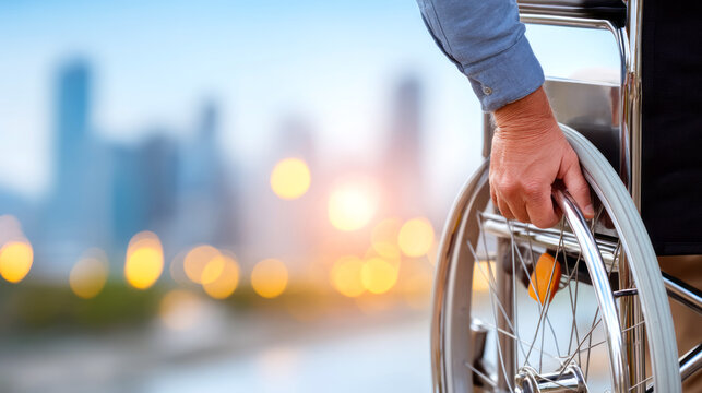 Man in wheelchair moving forward in urban city at sunset, finding independence and accessible mobility