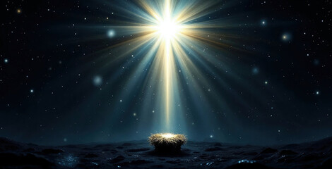 The star of Bethlehem shining a divine light on a manger. Christian Christmas nativity scene concept. Holy night background with a starry sky