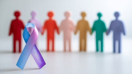 Awareness ribbon standing in front of diverse paper people representing community support and solidarity for a cause