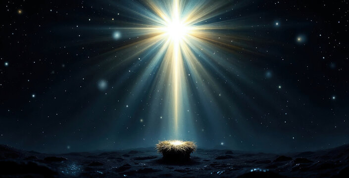 The star of Bethlehem shining a divine light on a manger. Christian Christmas nativity scene concept. Holy night background with a starry sky