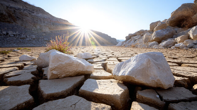 Dry cracked earth with large stones and sparse vegetation under bright sunlight, showcasing the effects of drought and climate change in a natural landscape