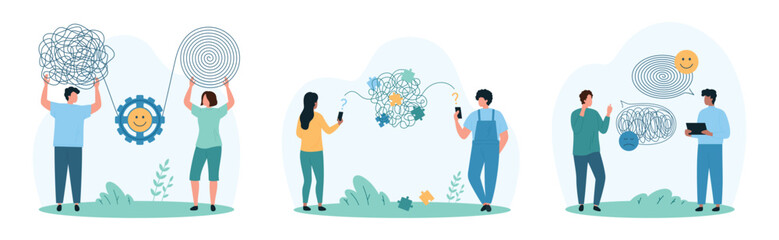 Communication problems solving, psychology set. Tiny people with miscommunication transform chaotic thread into order, connect phone with line wire and puzzle to understand cartoon vector illustration
