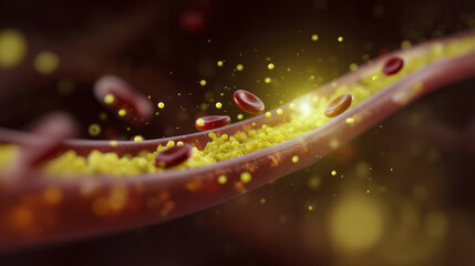 Cholesterol plaque forming in artery, accumulating and causing atherosclerosis, impacting health and blood flow