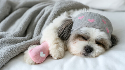 Shih tzu puppy sleeping soundly in bed wearing a cute eye mask and pink sock, enjoying a cozy rest