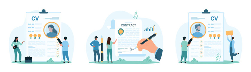 HR research, employment set. Tiny people people looking through magnifying glass at profile portrait on resume of man and woman, employees hand signing contract of hiring cartoon vector illustration