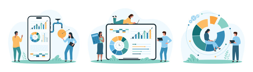 Digital data analysis set. Tiny people work with statistic report and financial growth performance on dashboard, monitor and control infographic graphs and charts cartoon vector illustration