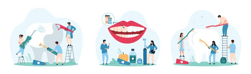 Professional teeth hygiene in clinic and home set. Tiny people check white and yellow dirty teeth in smile, clean tooth with electric toothbrush and irrigator, dental floss cartoon vector illustration