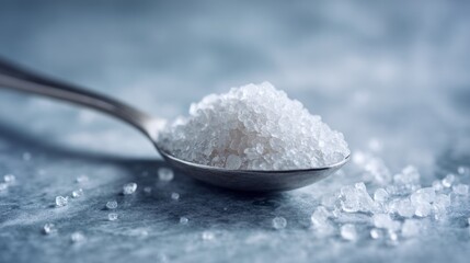 Coarse sea salt crystals piling in a silver spoon, highlighting healthy cooking ingredients, flavor enhancement, and culinary seasoning