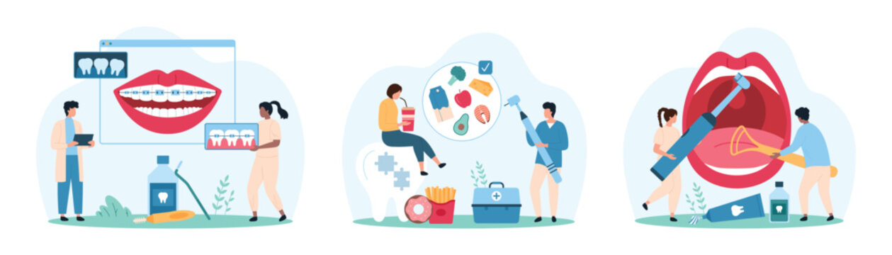 Dental care, oral hygiene set. Tiny people check health of mouth and teeth with orthodontic braces, dentists clean tongue with scraper and toothbrush, eat healthy food cartoon vector illustration