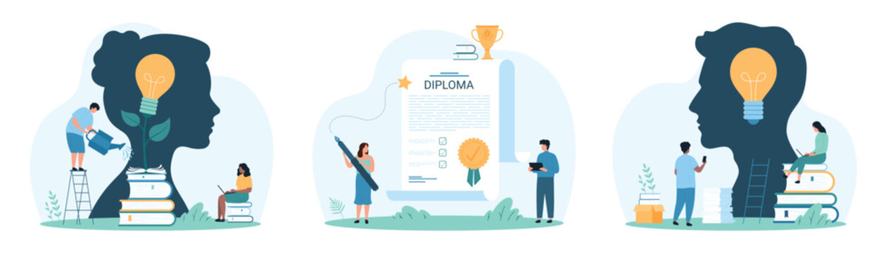 Skills training, education and diploma of graduation set. Tiny people study with books and boost qualification growth, grow light bulb from open book inside human head cartoon vector illustration