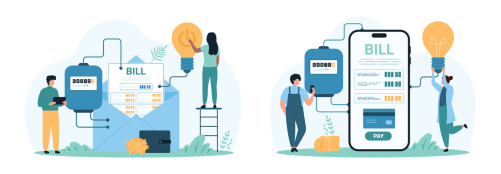 Electricity bill payment set. Tiny people check electric meter readings and invoice on smartphone screen and paper envelope to pay for electricity consumption from budget cartoon vector illustration