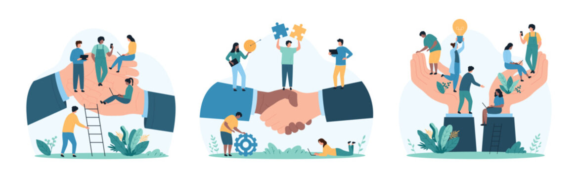 Support for office employees wellbeing, corporate insurance and success of cooperation set. Giant businessmans hands hold tiny people at workplace, leaders handshake cartoon vector illustration