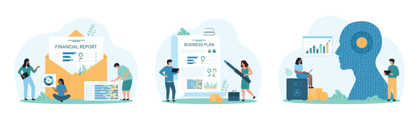 Financial analytics, accounting and audit services with AI set. Tiny people work with data report from open envelope, analyze chart with bot and software, planning business cartoon vector illustration