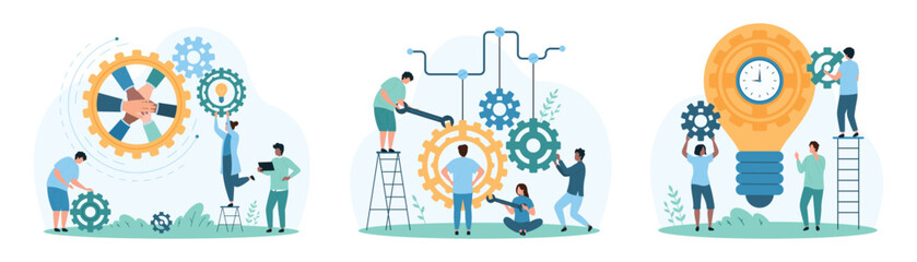 Effective cooperation, teambuilding and marketing strategy of partners. Tiny people moving gears with tools and wrench, building collaboration and light bulb project cartoon vector illustration
