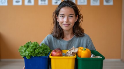 Young woman encouraging sustainable living, sorting compost, groceries, and recyclable materials in different colored bins