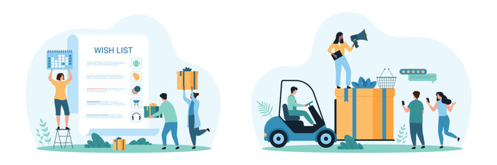 Wishlist for shopping, gift of giveaway set. Tiny people carry big box of prizes on forklift, check planner on spiral paper sheet with filled list of personal favorites cartoon vector illustration