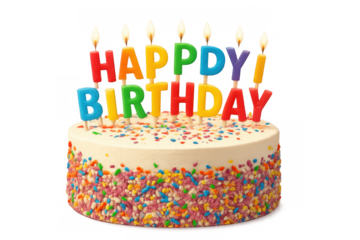 Birthday cake with colorful happy birthday candles, celebrating a special occasion, party dessert for festive events