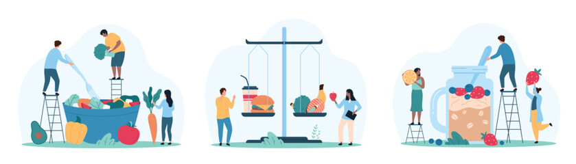Healthy food right choice set. Tiny people weigh bad and good nutrition on balance scales, choose to cook dish of vegetarian recipe, fruit granola and detox smoothie cartoon vector illustration