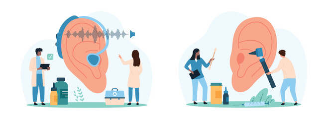Diagnosis and treatment of hearing problems set. Tiny people examine big human ear with hearing aid and deafness disability, check ears infection at otoscope examination cartoon vector illustration