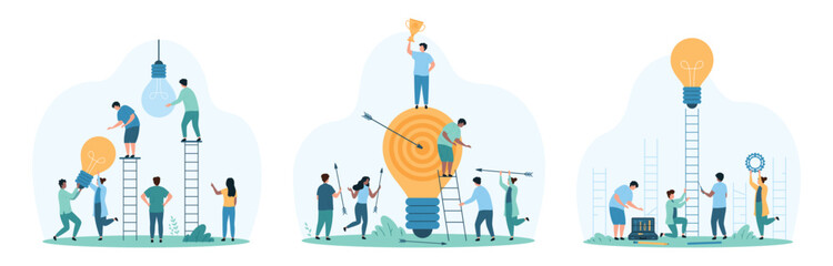 Change to new innovation, business goal achievement and solution set. Tiny people replace dark light bulb, climb up ladder to reach lamp, employees hit target with arrows cartoon vector illustration