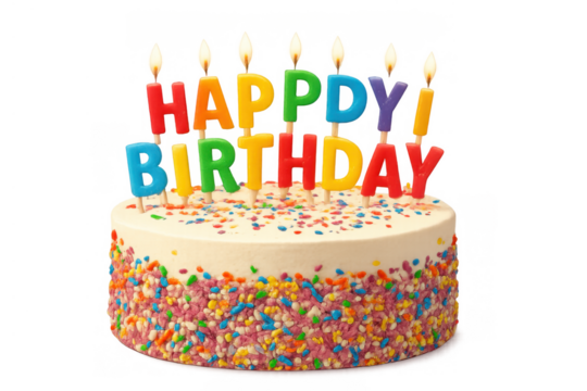 Birthday cake with colorful happy birthday candles, celebrating a special occasion, party dessert for festive events
