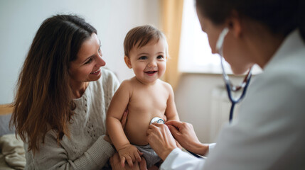 Mother bringing baby for annual checkup with pediatrician, doctor listening to child's heartbeat in clinic