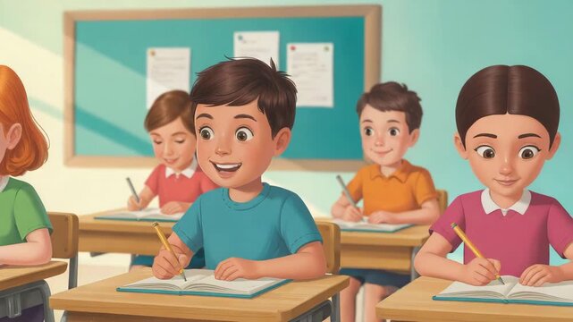 Smiling students actively participating in class, writing attentively in their notebooks, creating a vibrant and engaging educational scene for learning