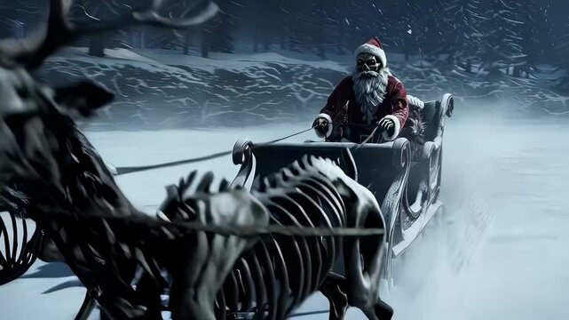 In this dark twist on holiday traditions, Santa Claus is seen riding a skeletal sleigh through a snowy landscape. The eerie atmosphere and chilling imagery present a unique, sinister take on Christmas