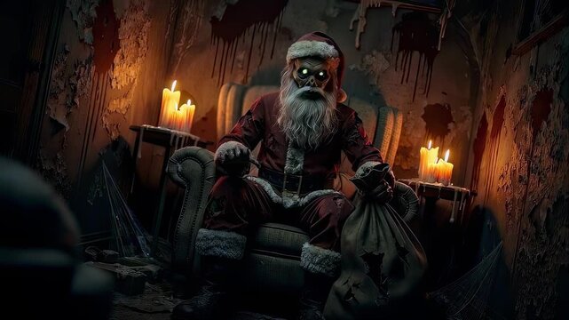 This intriguing video presents a haunting portrayal of Santa Claus in a dimly lit room, surrounded by flickering candlelight. A sinister atmosphere envelops him, creating an unusual and chilling twist