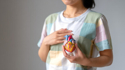 Woman holding human heart model illustrating cardiology, healthcare, heart disease prevention and human anatomy