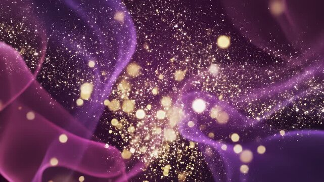 Glittering purple confetti falls from above, scattering across a rich purple fabric, perfectly capturing the abstract concept of celebration and joy, ideal for use as festive backgrounds or.