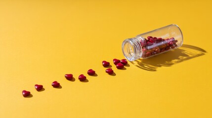 Heart shaped pills spilling from a bottle, symbolizing love, health, and emotional well being on a yellow background
