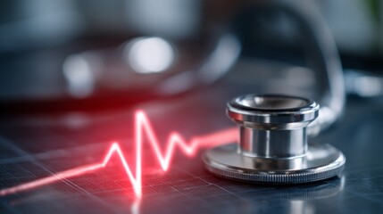 Stethoscope resting beside a bright red electrocardiogram - ecg - waveform, visualizing health, medicine, and cardiac rhythm