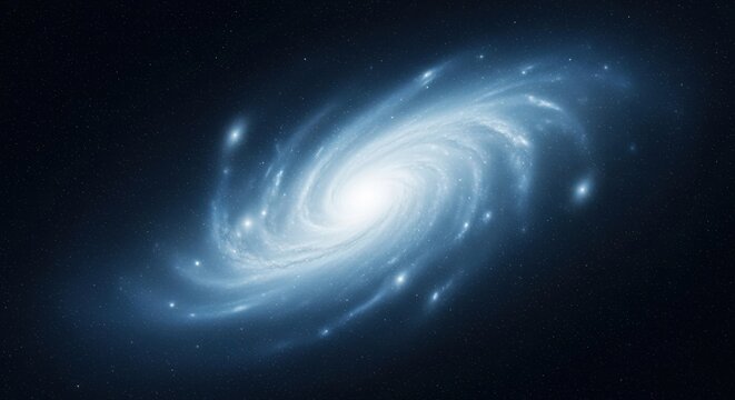 Luminous spiral galaxy with glowing central core and sweeping dust arms on a dark star field, ideal for immersive projector screens and cinematic text overlays