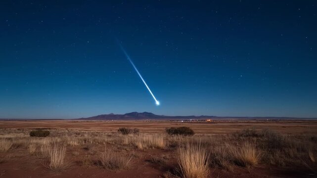 Meteor streak across dark blue sky over desert landscape at sunset