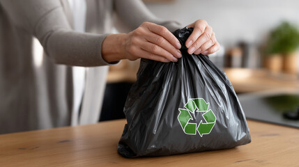 Woman hands holding and secures black garbage bag with green recycle sign, preparing for disposal in home kitchen