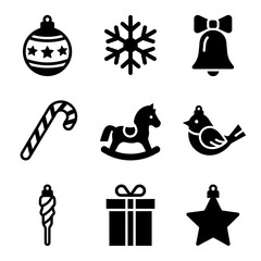 Christmas icon set featuring festive symbols in black silhouette style