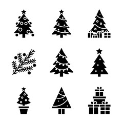 Christmas tree icon set in minimalist style featuring black silhouettes